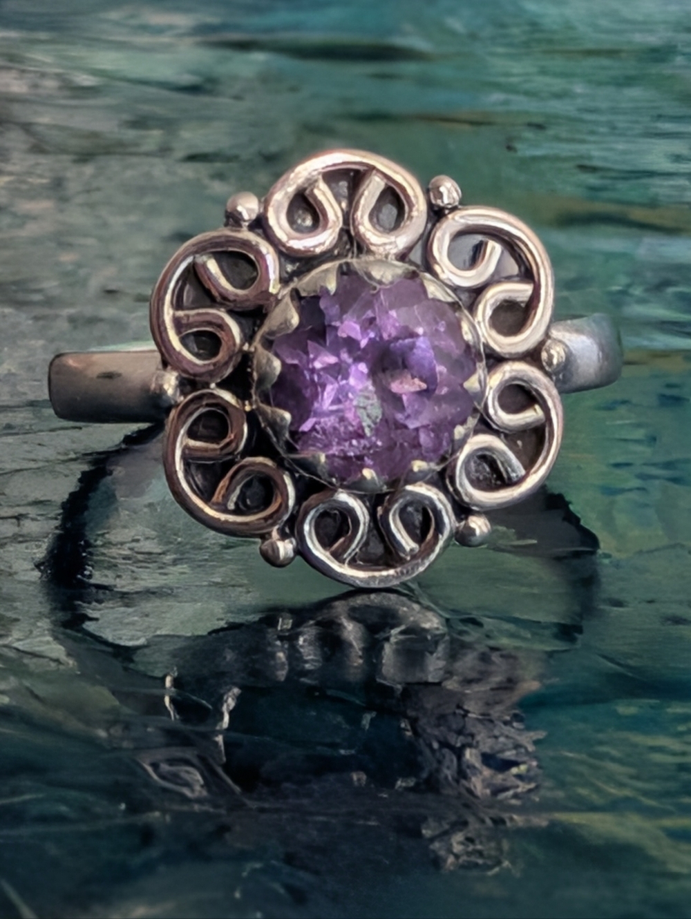 Sterling Silver Amethyst Floral Halo Ring Size 6